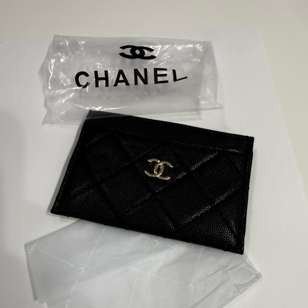 CHANEL Black Quilted Card Case with Gold Logo
